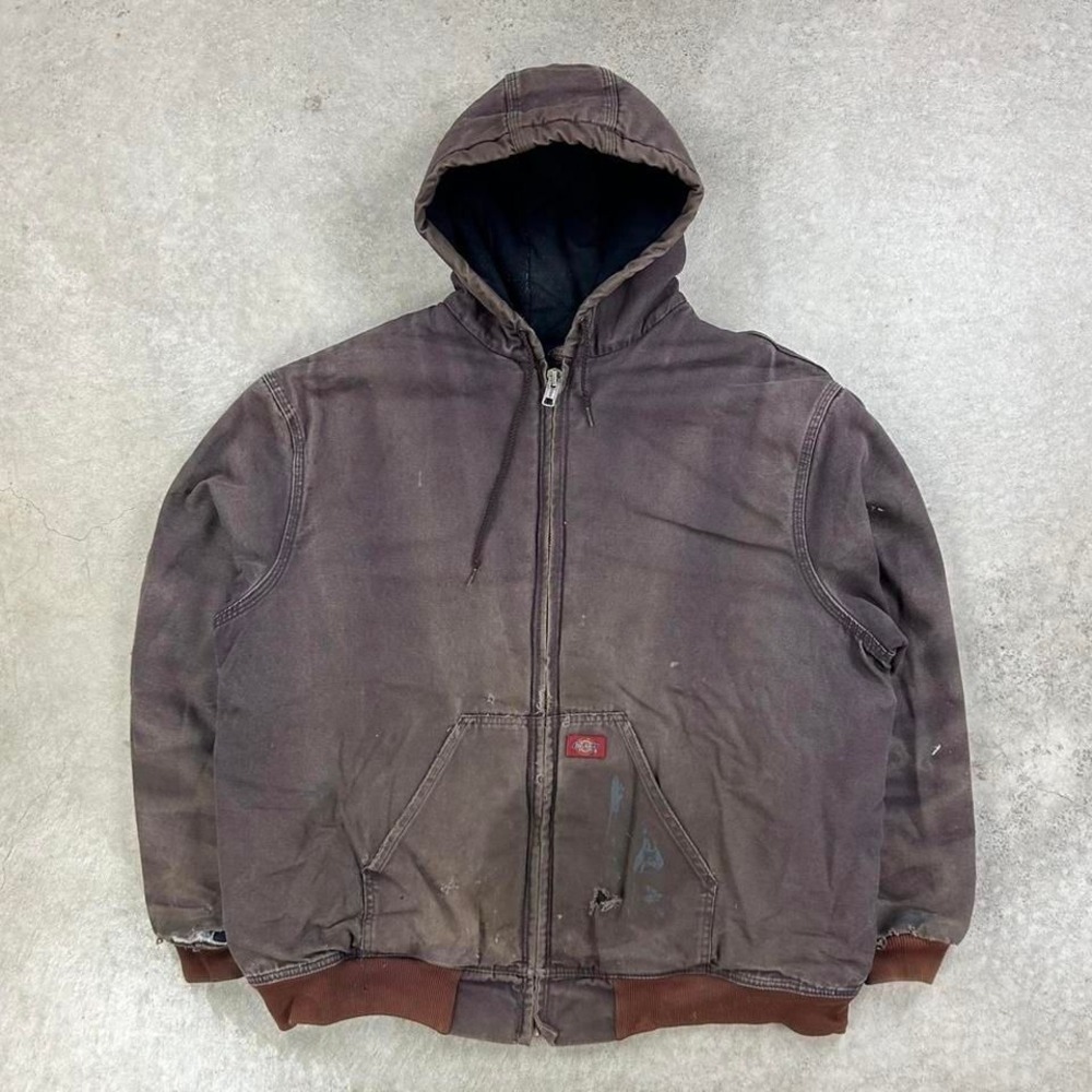 Vintage 90s Dickies Hooded Jacket Size XXL Faded Brown Full Zip Workwear Coat